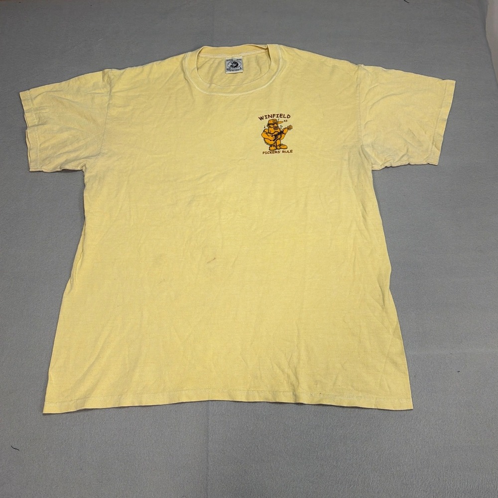 Authentic Pigment Anvil Winfield KS Pickers Rule Yellow Graphic T-Shirt Mens L